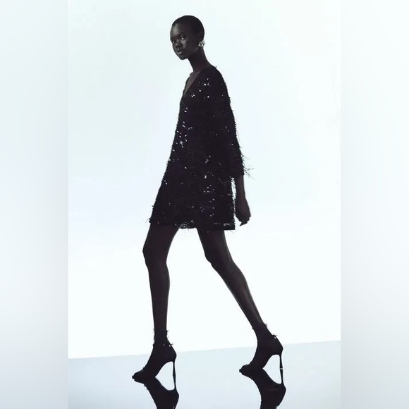 Zara FRINGED SEQUIN MINI DRESS. Black. Size S. New with Tags. - Picture 2 of 10